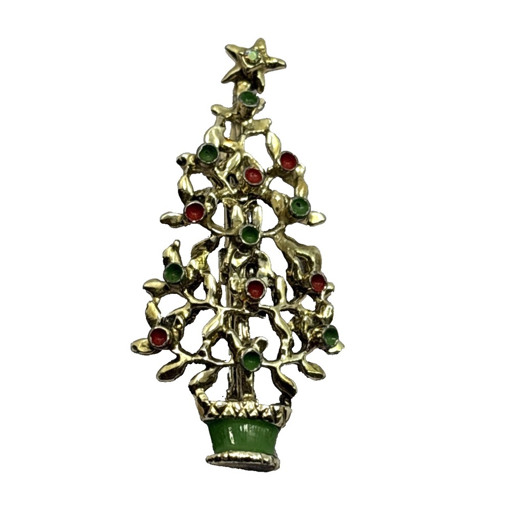 Vintage‎ Gold Color Christmas Tree Brooch Pin Red And Green Round Accents